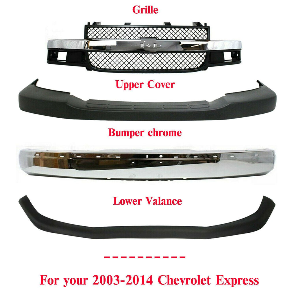 Front Bumper Chrome + Grille + Upper + lower For 2003-2014 Chevrolet Express