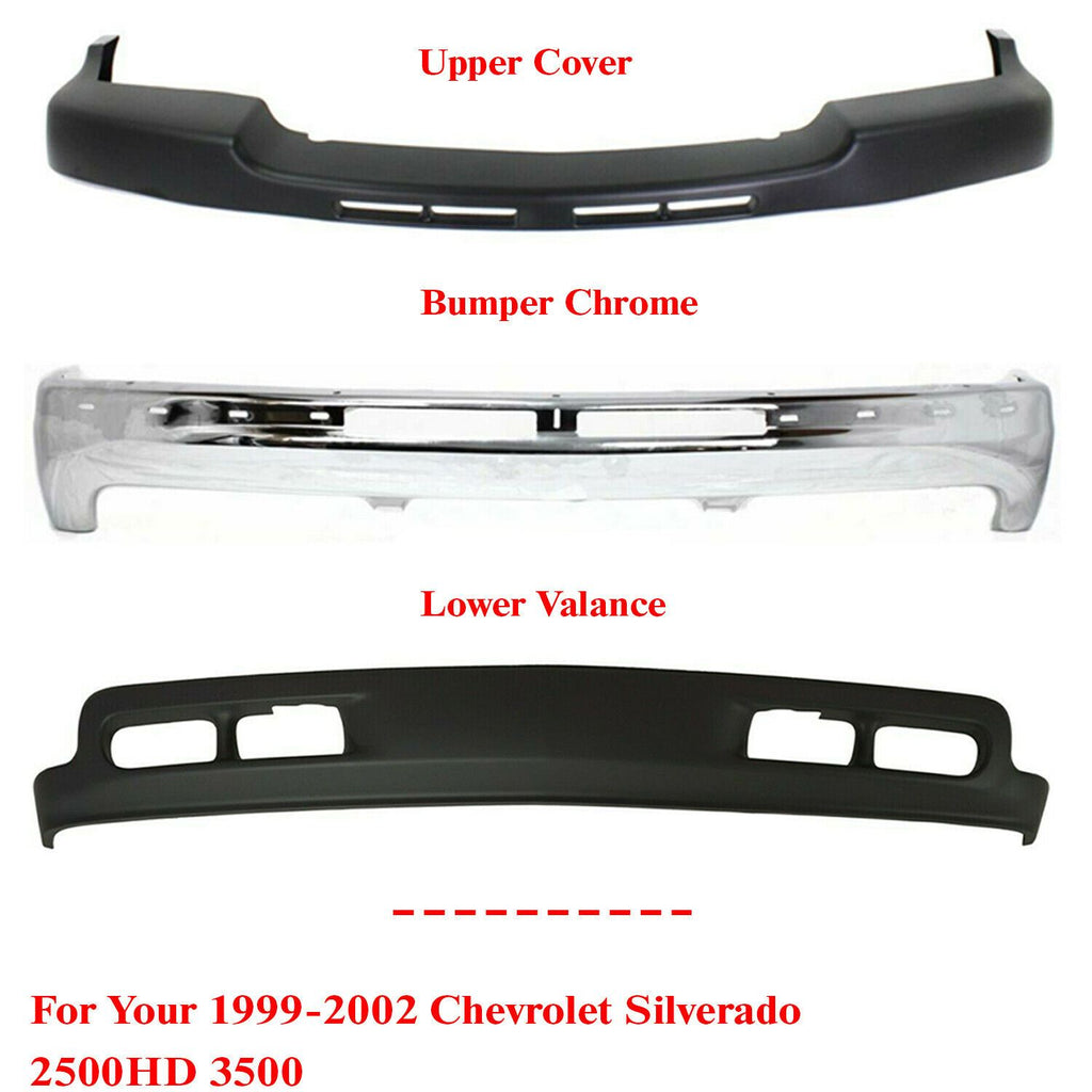 Front Bumper Chrome + Upper Cover + Lower Valance For 1999-2002 Chevrolet Silverado 2500HD 3500