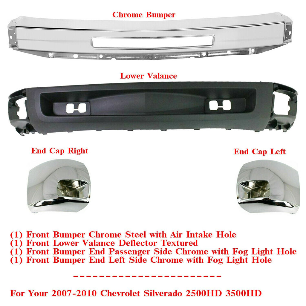 Front Bumper Chrome+Valance+End Caps For 2007-2010 Chevy Silverado 2500HD 3500