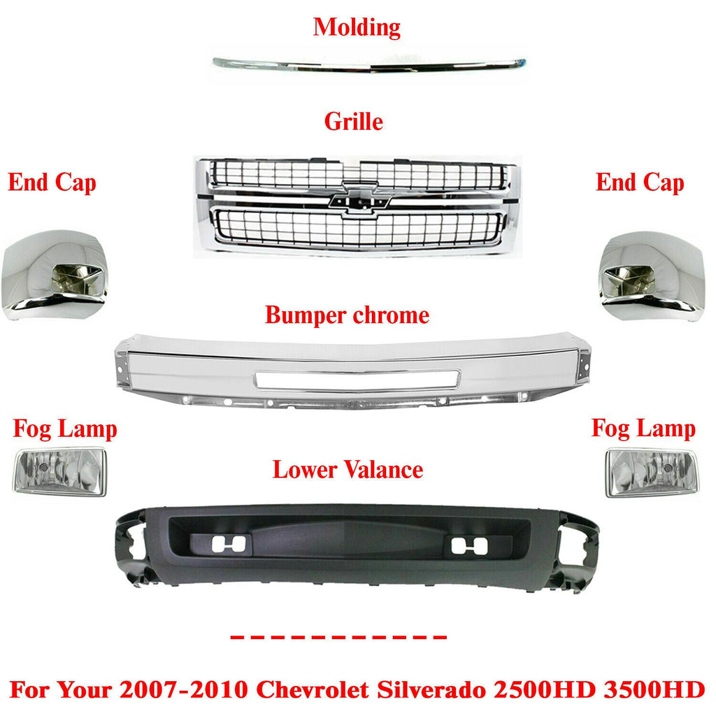 Front Bumper Chrome Steel Kit + Grille & Molding For 07-10 Silverado 2500HD 3500