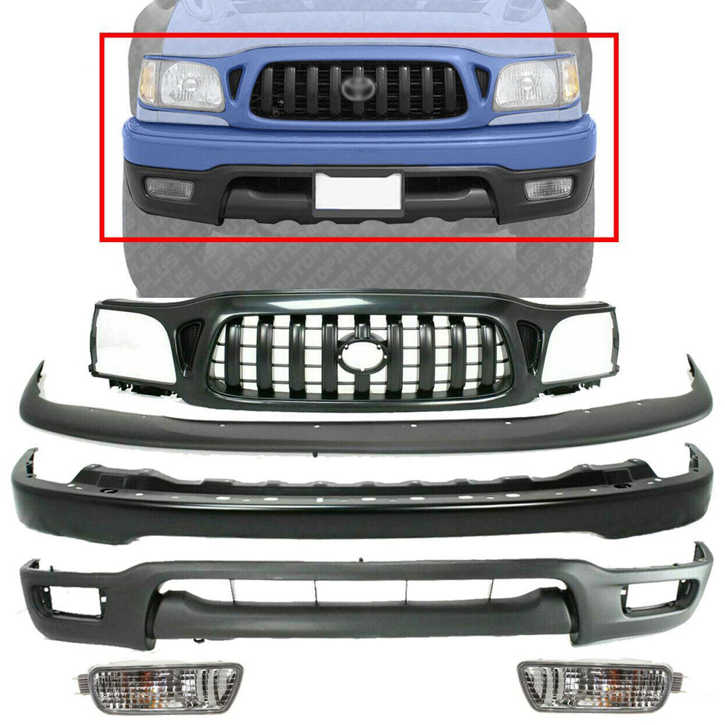 Front Bumper Primed Steel Kit + Grille + Fog Lights For 01-04 Toyota Tacoma 4WD