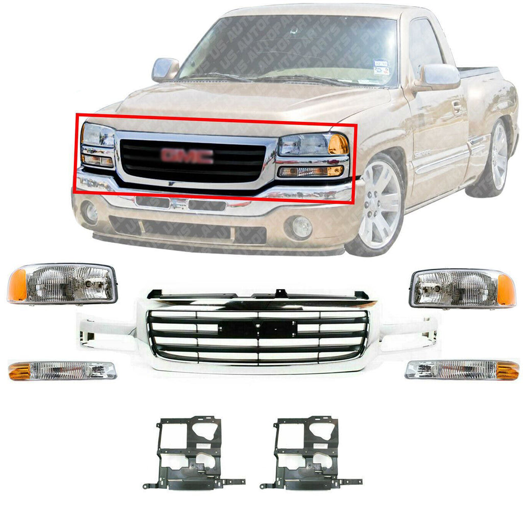 Front Grille Chrome Primed Insert+ Lights + Brackets For 03-06 GMC Sierra 1500