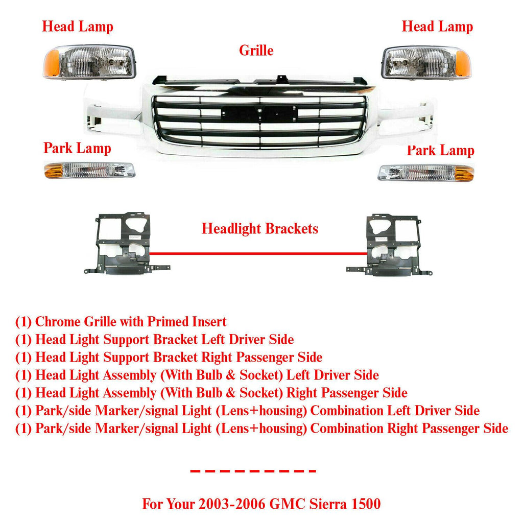 Front Grille Chrome Primed Insert+ Lights + Brackets For 03-06 GMC