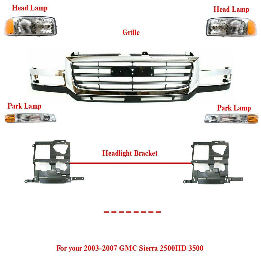 Headlights + Park Lights + Grille Panel + Bracket For 2003-06 Sierra 2500HD 3500