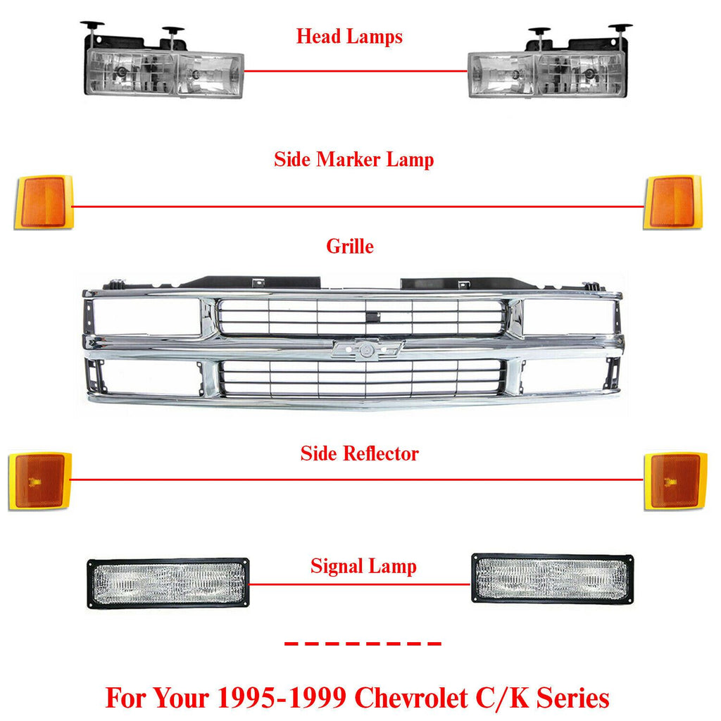 Front Grille Chrome + Head & Signal Light + Reflector For 95-99 Chevy C/K Series