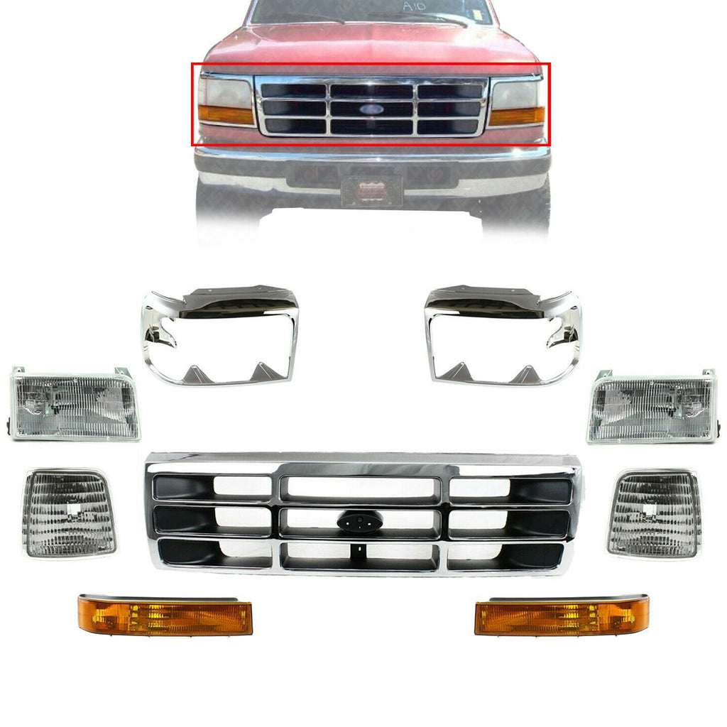 Front Chrome Grille+Headlight+Signal&Head Lamps Door For 1992-1997 Ford F-Series