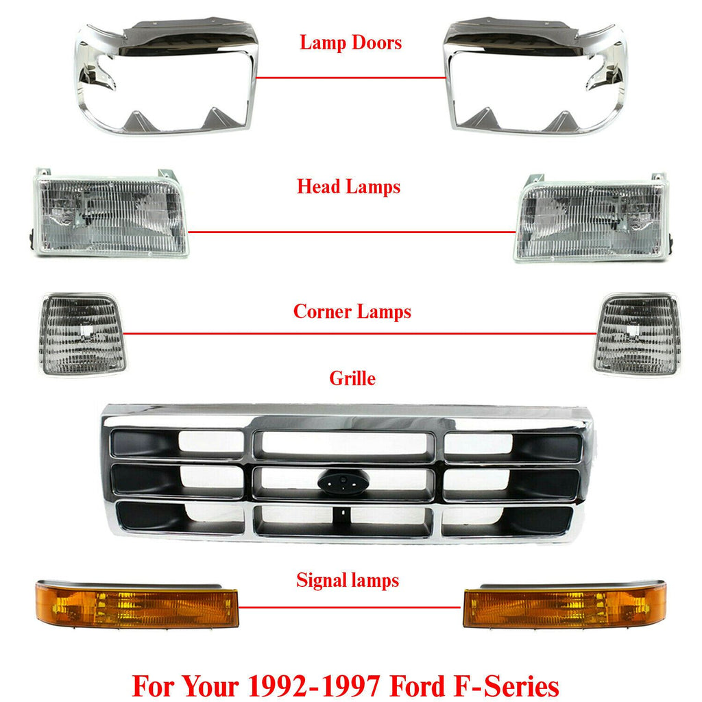 Front Chrome Grille+Headlight+Signal&Head Lamps Door For 1992-1997 Ford F-Series