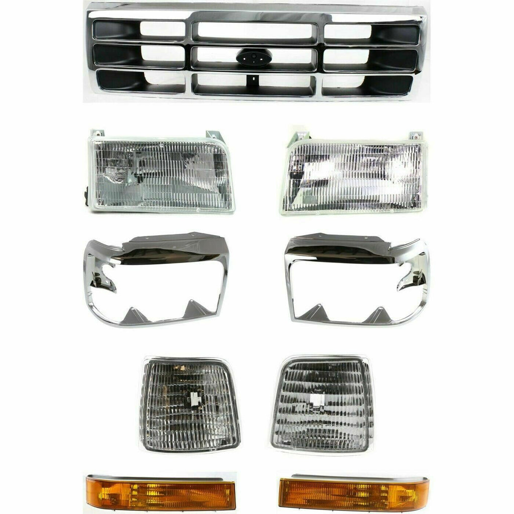 Front Chrome Grille+Headlight+Signal&Head Lamps Door For 1992-1997 Ford F-Series