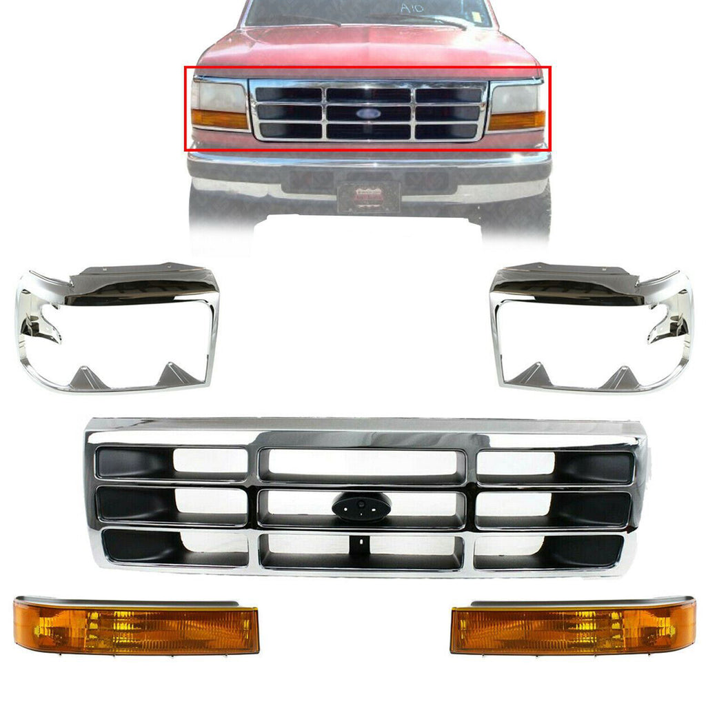 Front Chrome Grille + Headlight Doors + Signal Lamps For 1999-1997 Ford F-Series