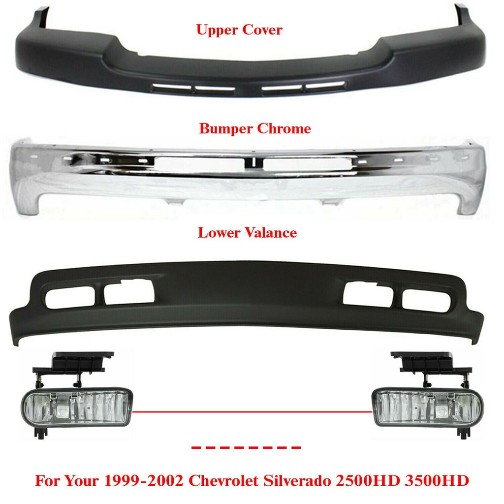 Front Bumper+Upper Cap+Valance +Fog lights For 2001-2002 Silverado 2500HD 3500HD