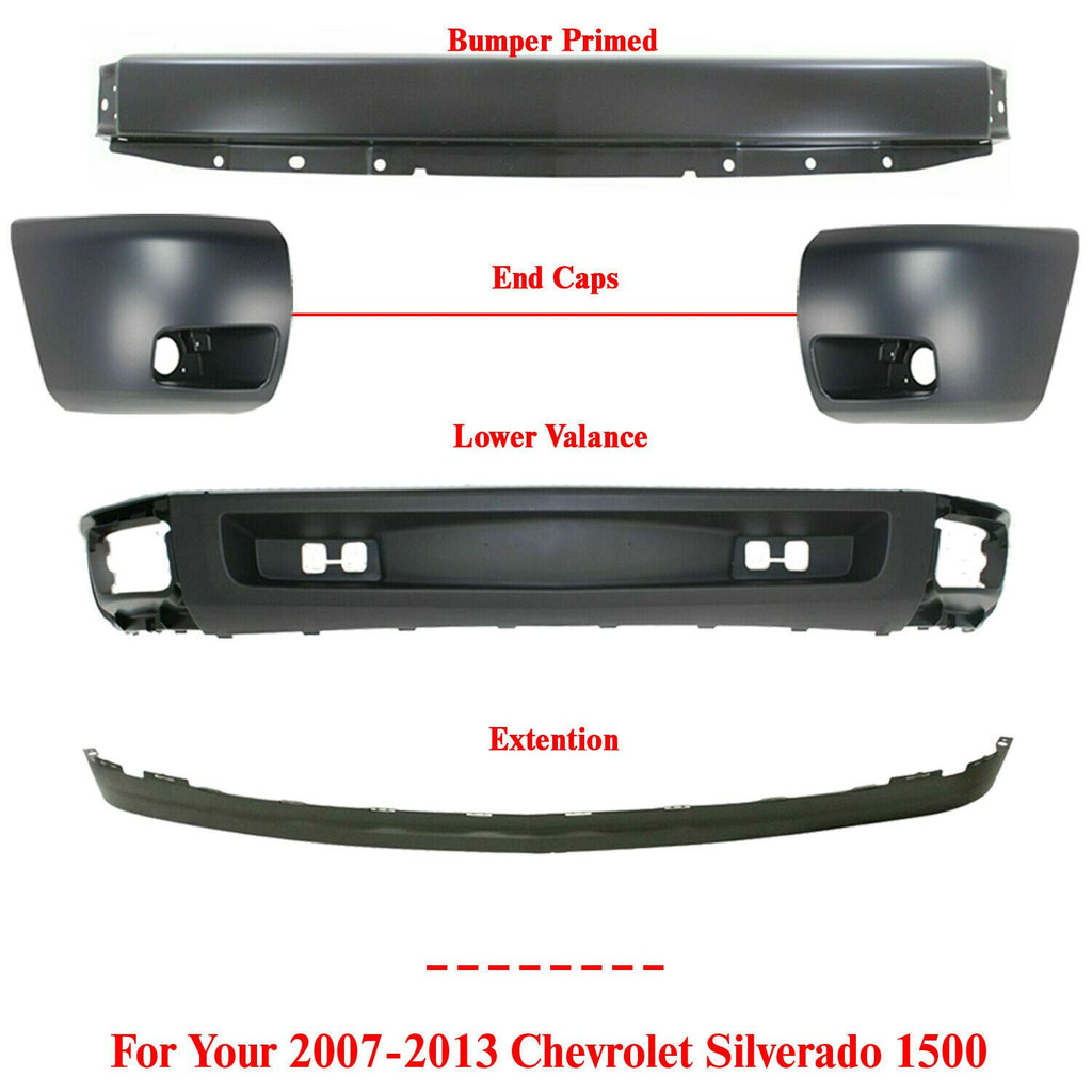 Front Bumper Primed+Cover+Valance+End Cap Kit For 2007-2013 Chevy Silverado 1500