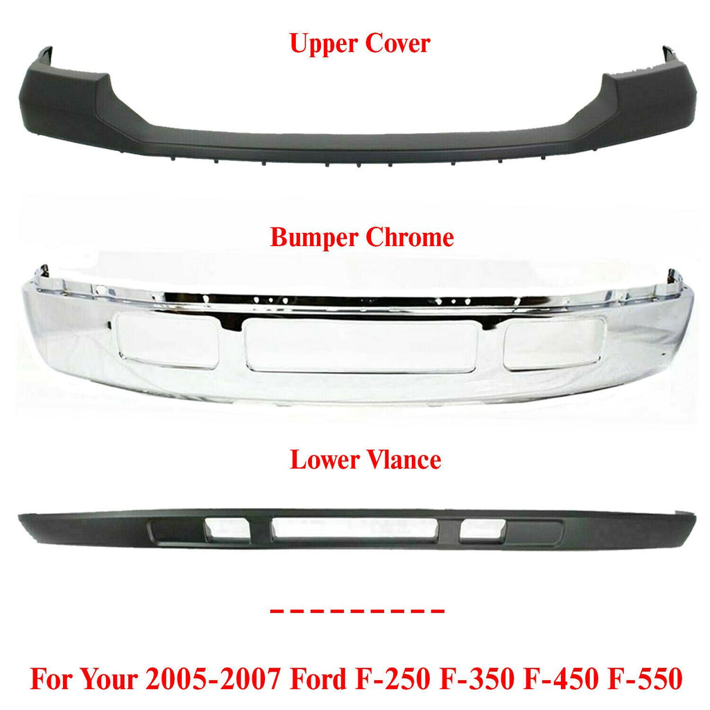 Front Bumper Chrome + Upper + Lower For 2005-2007 Ford F-250 F-350 Super Duty