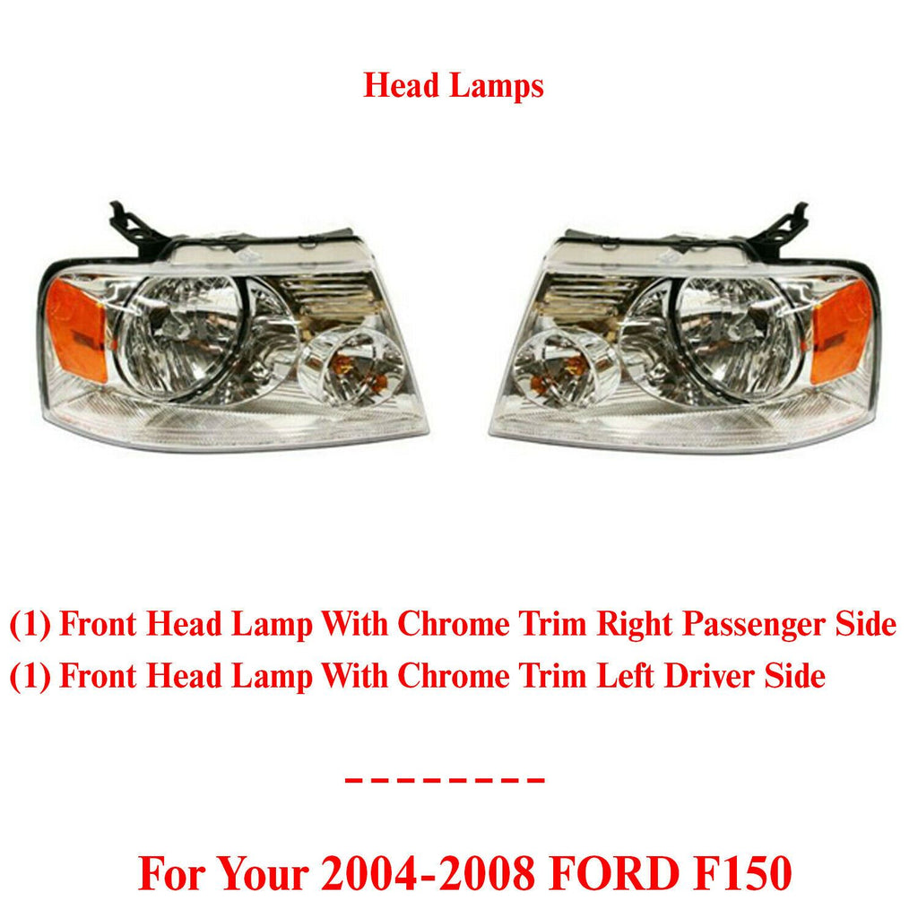 Front Headlamps With Chrome Trim Driver & Passenger Sid For 2004-2008 Ford F-150