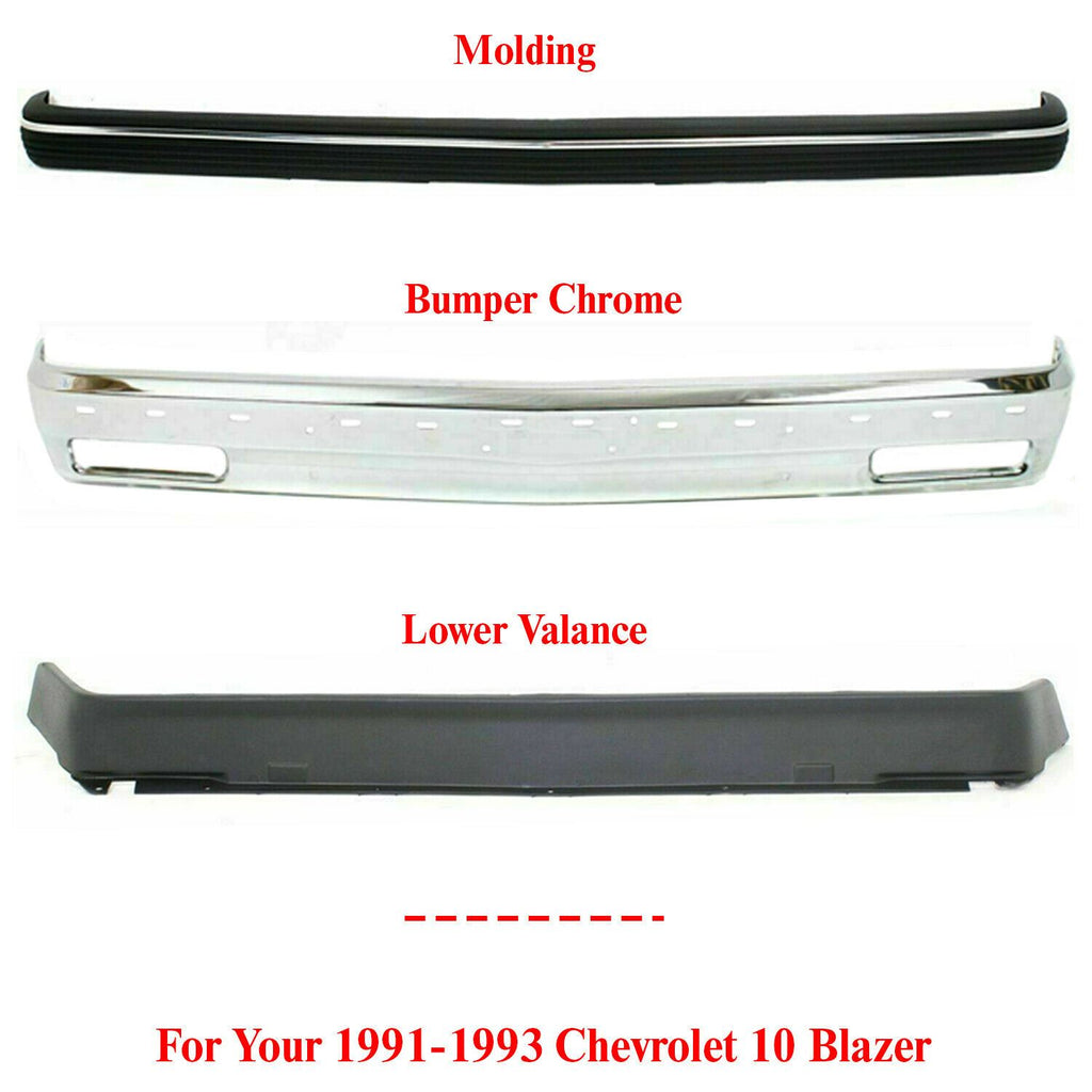 Front Chrome Bumper + Strip Molding + Valance For 91-93 Chevy S10 Pickup/ Blazer
