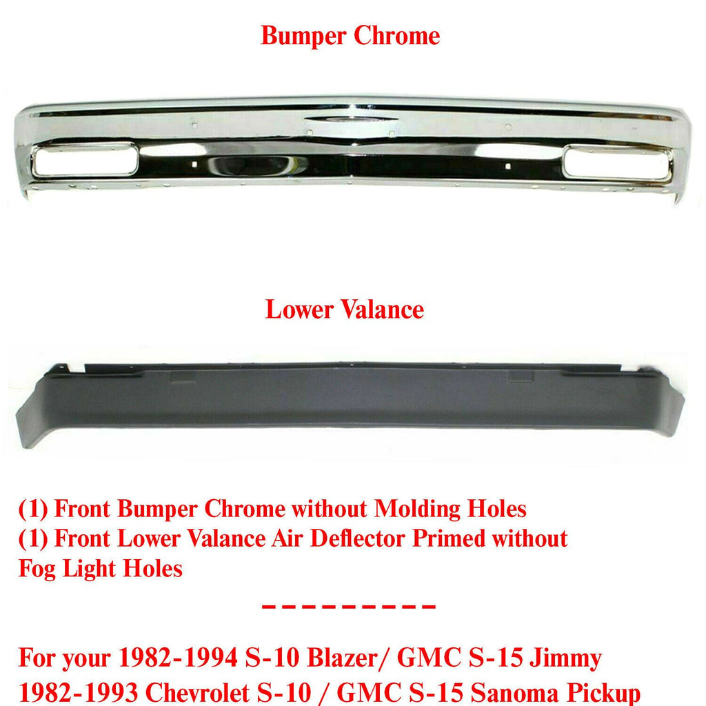 Front Bumper Chrome + Lower Valance For 1982-1993 Chevy S10 / GMC S15 Pickup