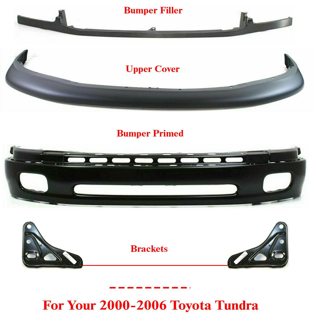 Front Bumper Primed + Upper Cover + Filler + Brackets For 2000-06 Toyota Tundra