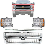 Front Grille Chrome + Molding + Headlamps Kit For 07-10 Silverado 2500HD 3500HD