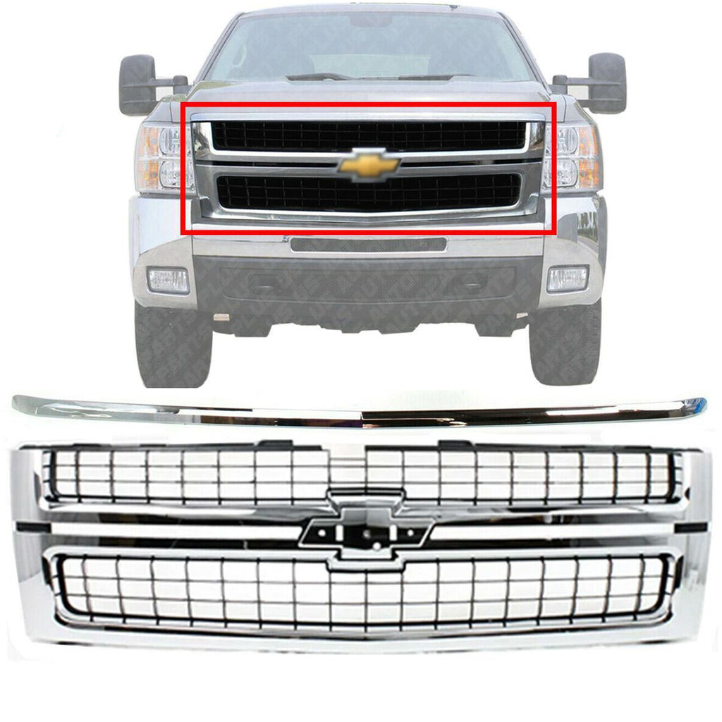 Front Grille Chrome Plastic + Hood Molding For 2007-2010 Silverado 2500HD 3500HD