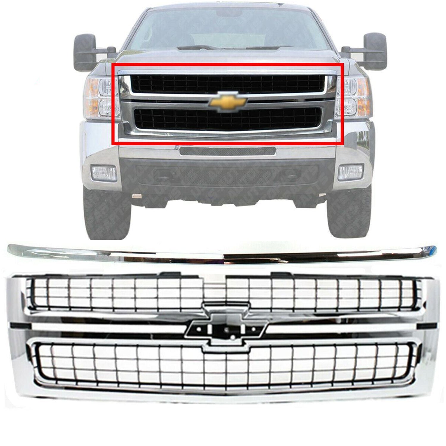 Front Grille Chrome Plastic + Hood Molding For 2007-2010 Silverado