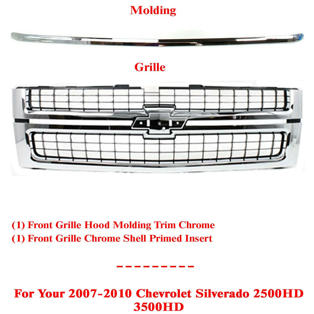 Front Grille Chrome Plastic + Hood Molding For 2007-2010 Silverado 2500HD 3500HD