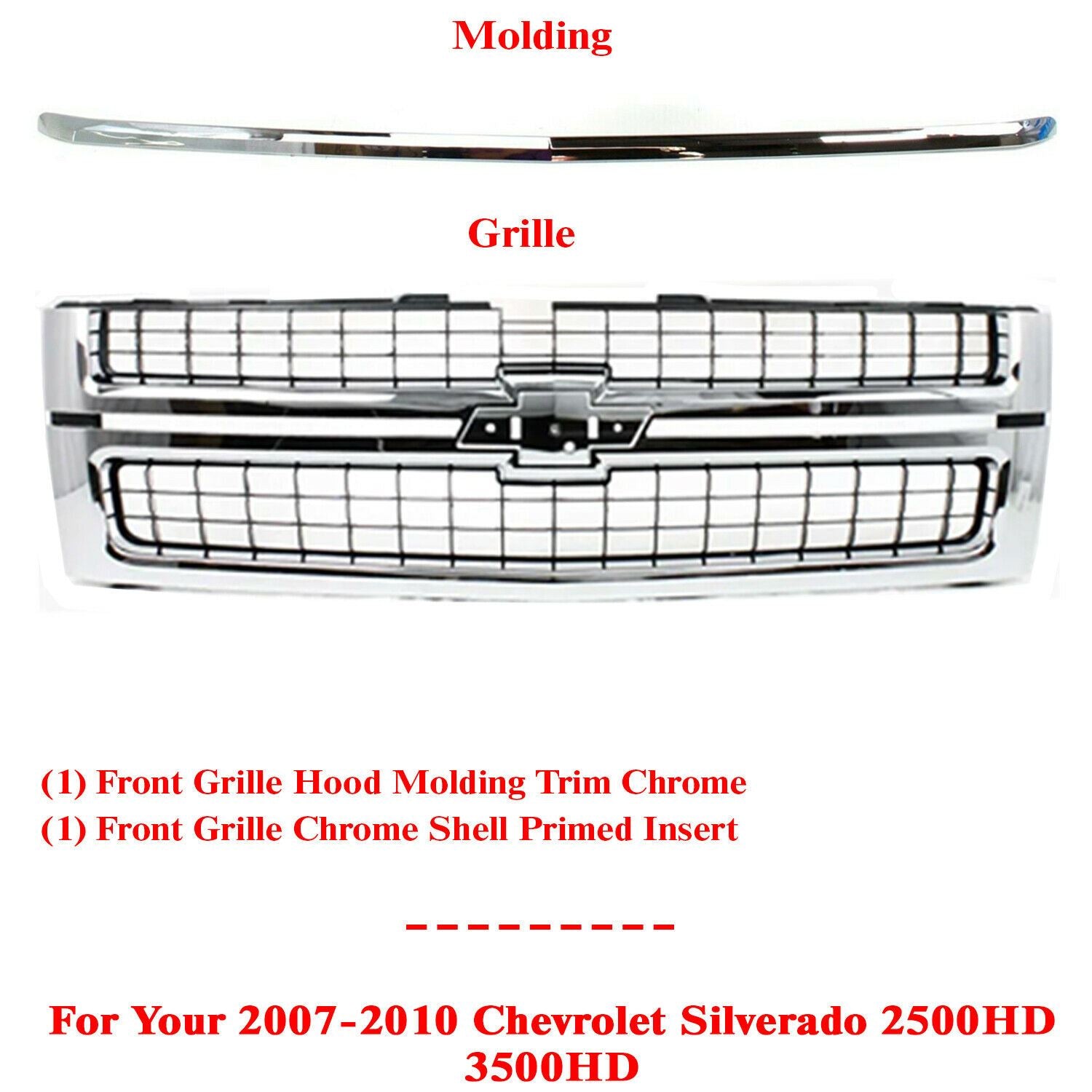 Front Grille Chrome Plastic + Hood Molding For 2007-2010 Silverado
