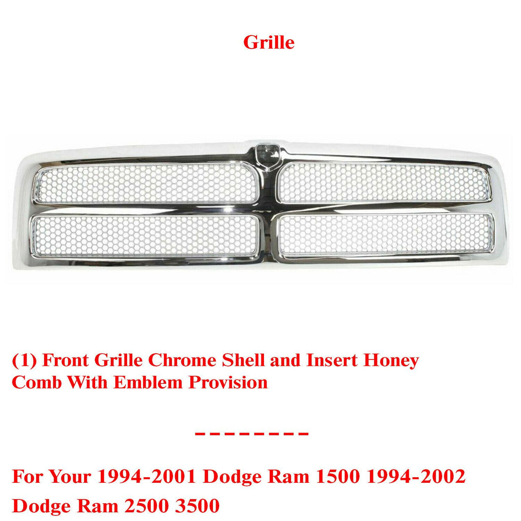 Front Grille Chrome Shell & Insert For 1994-2002 Dodge Ram 1500 2500 3500