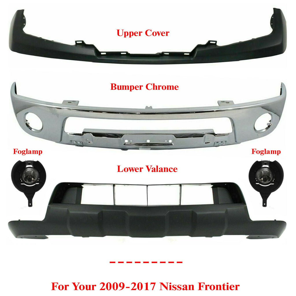 Front Bumper Chrome + Cover + Valance + Foglamps For 2009-2017 Nissan Frontier