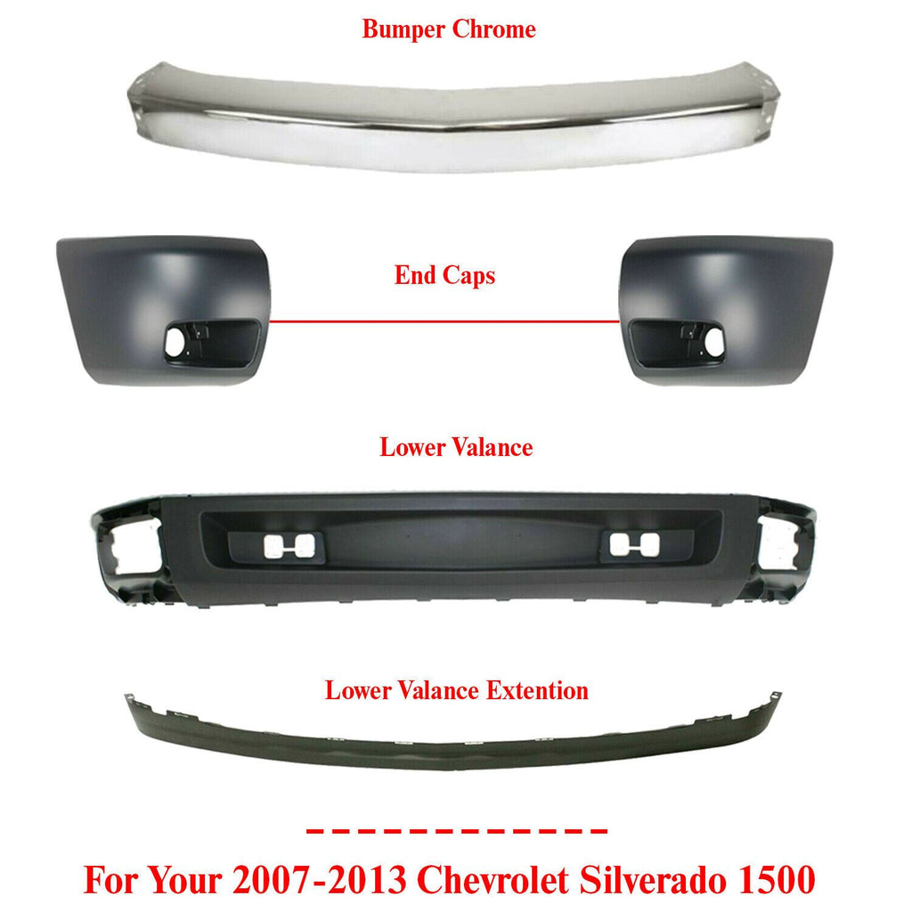 Front Bumper Chrome + Ends + Valance + Extension For 2007-2013 Chevrolet 1500