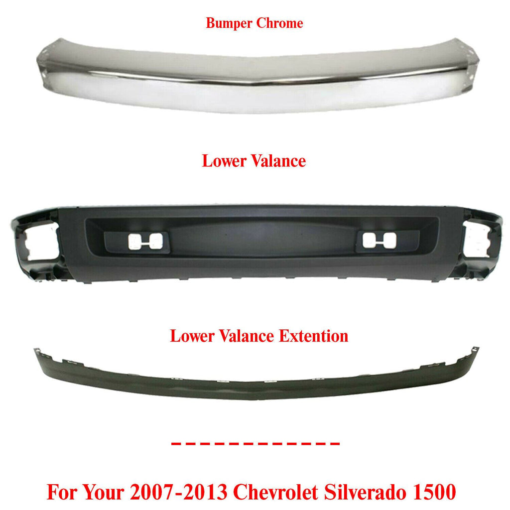 Front Bumper Chrome + Lower Valance + Extension For 2007-13 Chevy Silverado 1500