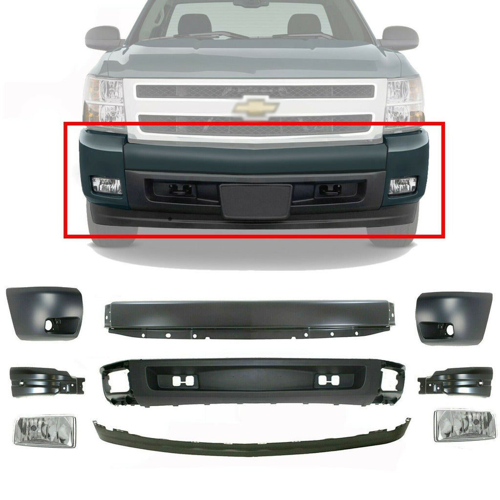 Front Bumper Primed + Cover + Valance Kit + Fogs For 07-13 Chevy Silverado 1500