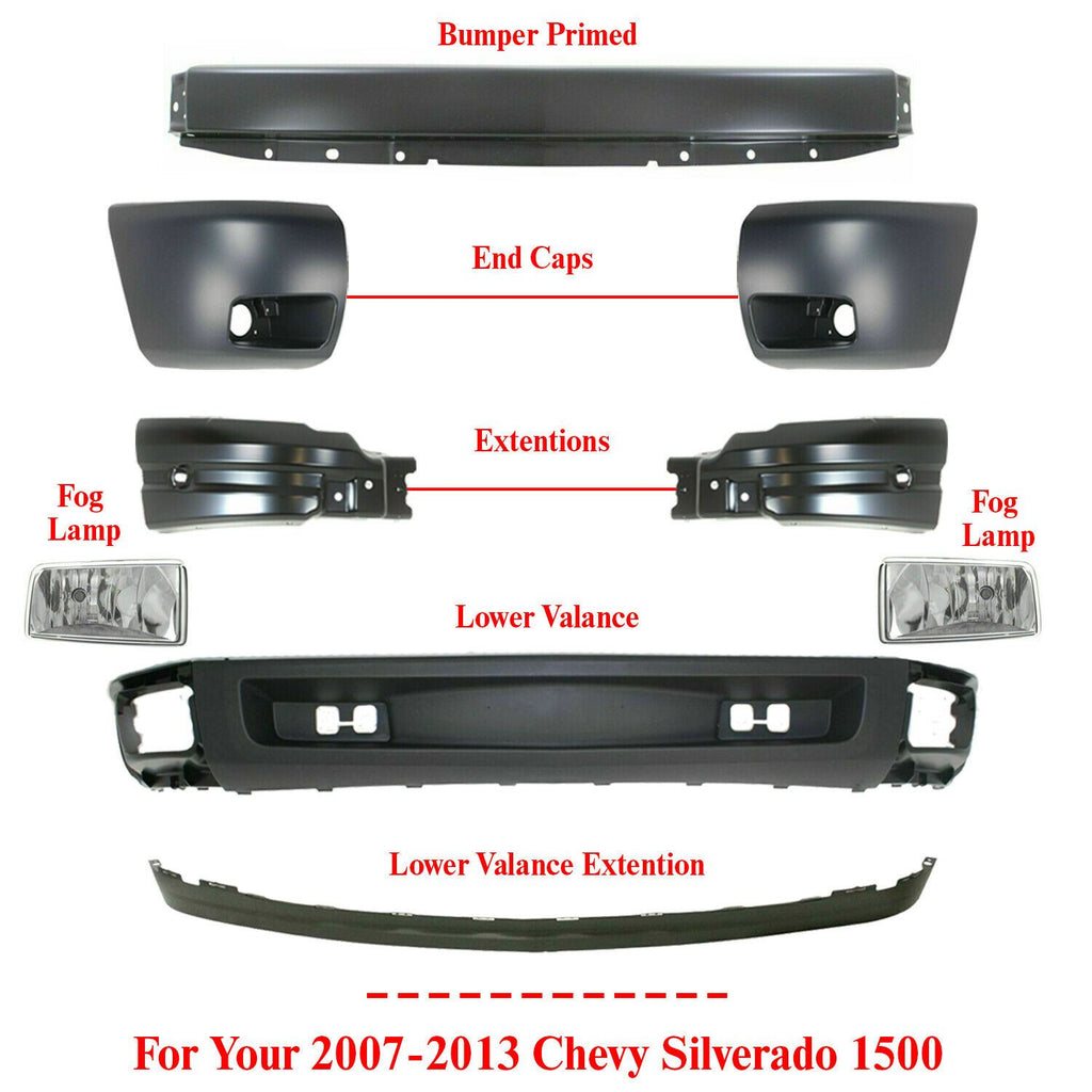 Front Bumper Primed + Cover + Valance Kit + Fogs For 07-13 Chevy Silverado 1500