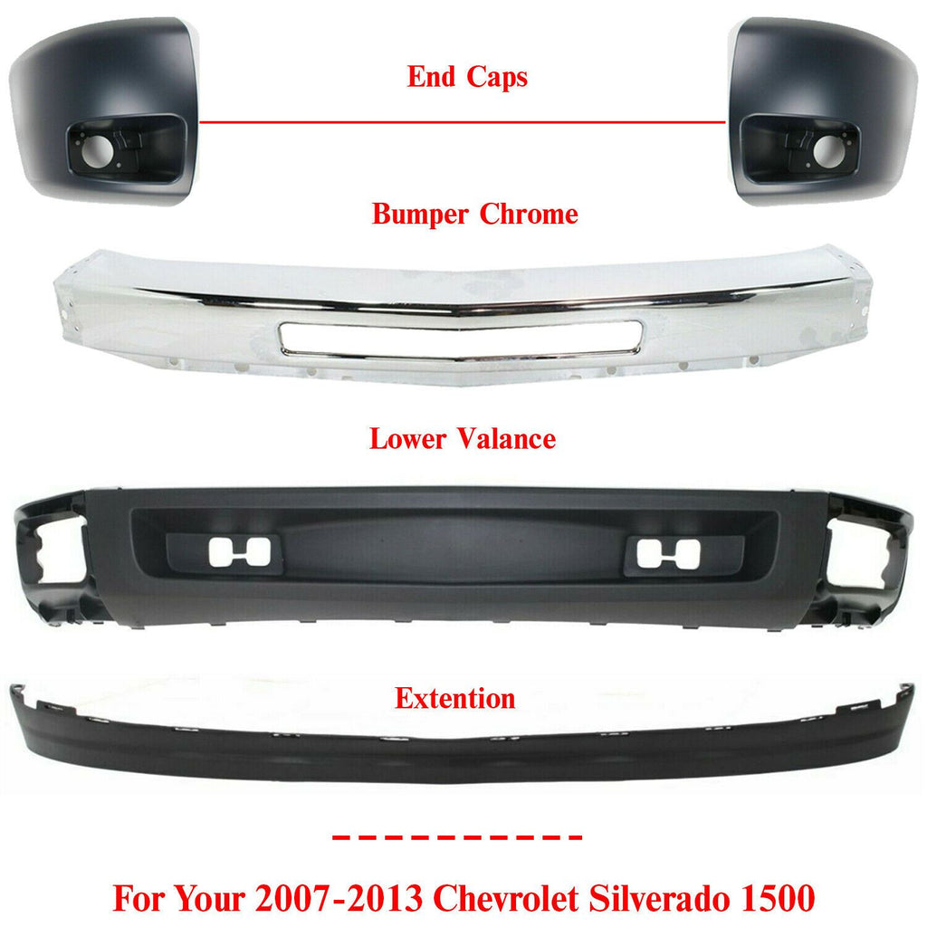 Front Bumper Chrome + Valance + End Cap Kit For 2007-2013 Chevy Silverado 1500