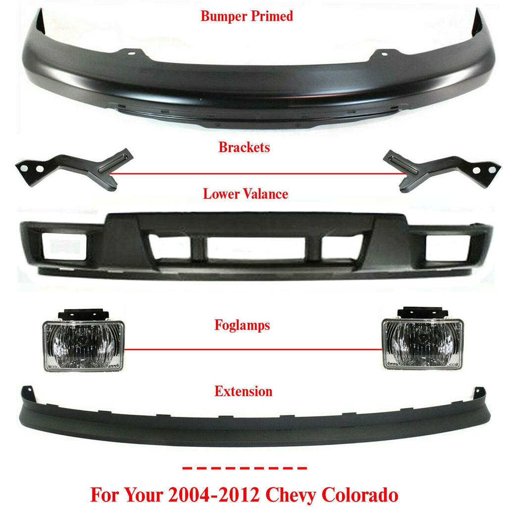 Front Bumper Primed Kit + Fog Lights + Valance For 2004-2012 Colorado / Canyon