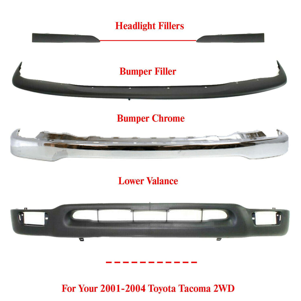 Front Bumper Chrome+ Upper Cover+Valance +Filler For 2001-2004 Toyota Tacoma 2WD