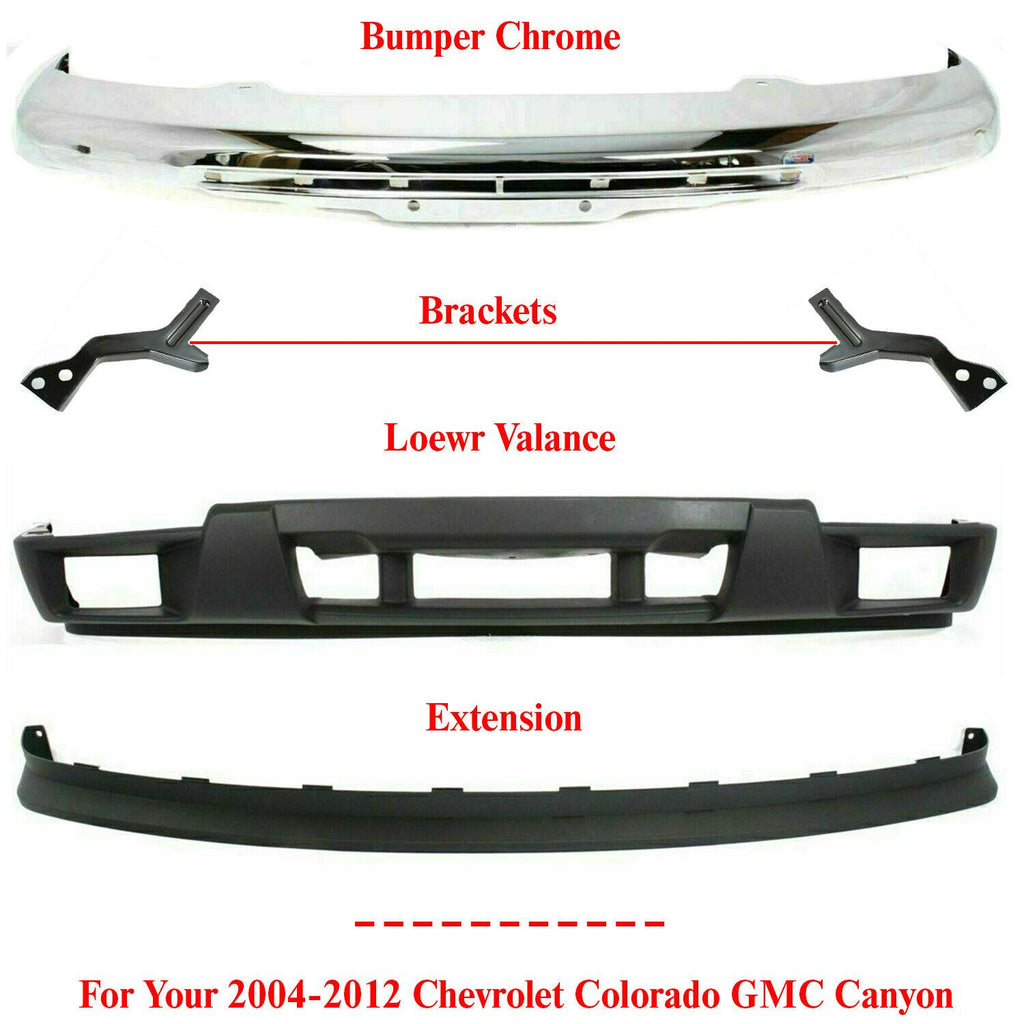 Front Bumper Chrome + Brackets + Valance + Extension For 04-12 Colorado / Canyon