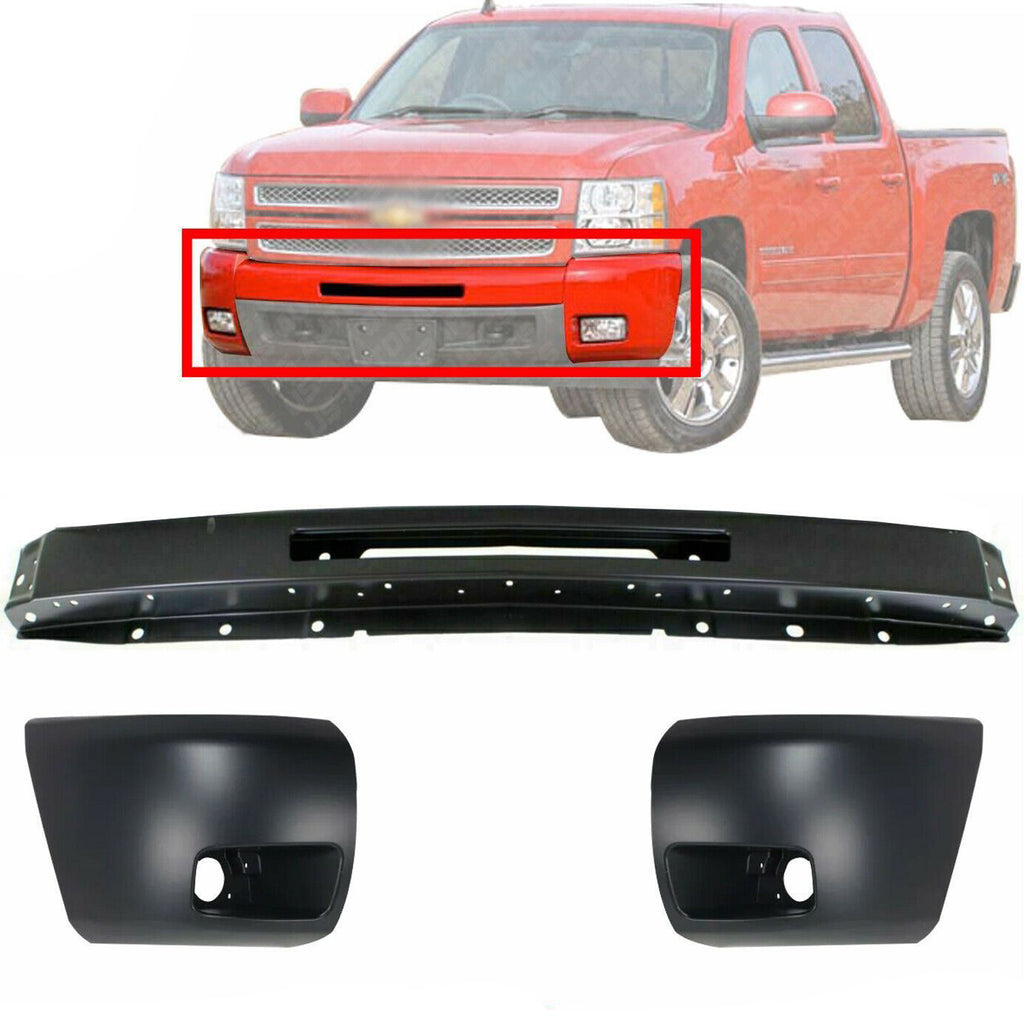 Front Bumper Primed + End Cap Driver & Passenger Side For 2007-13 Silverado 1500