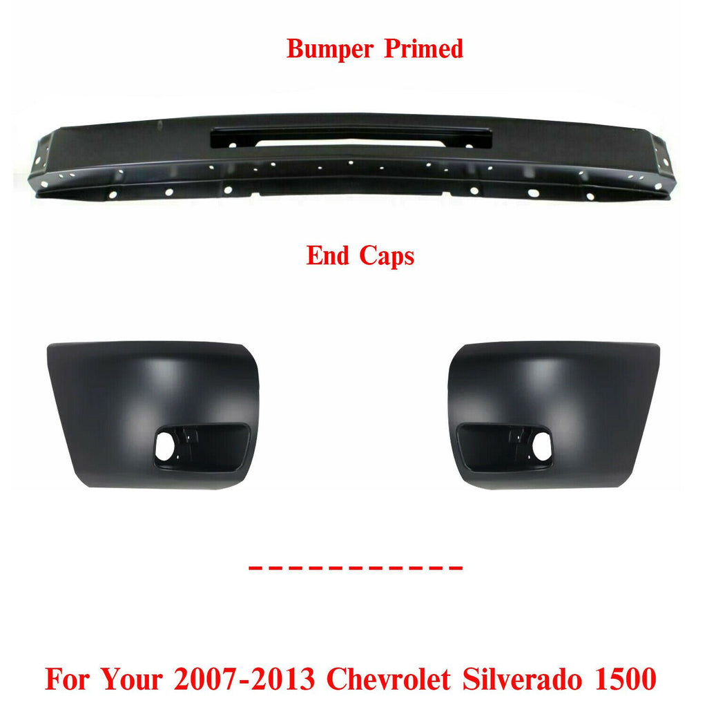 Front Bumper Primed + End Cap Driver & Passenger Side For 2007-13 Silverado 1500