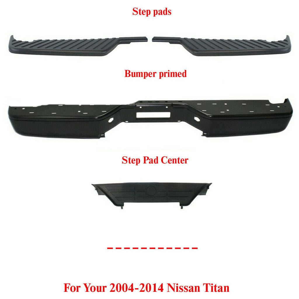 Rear Step Bumper Face Bar Primed Steel + Step Pad Kit For 2004-2014 Nissan Titan