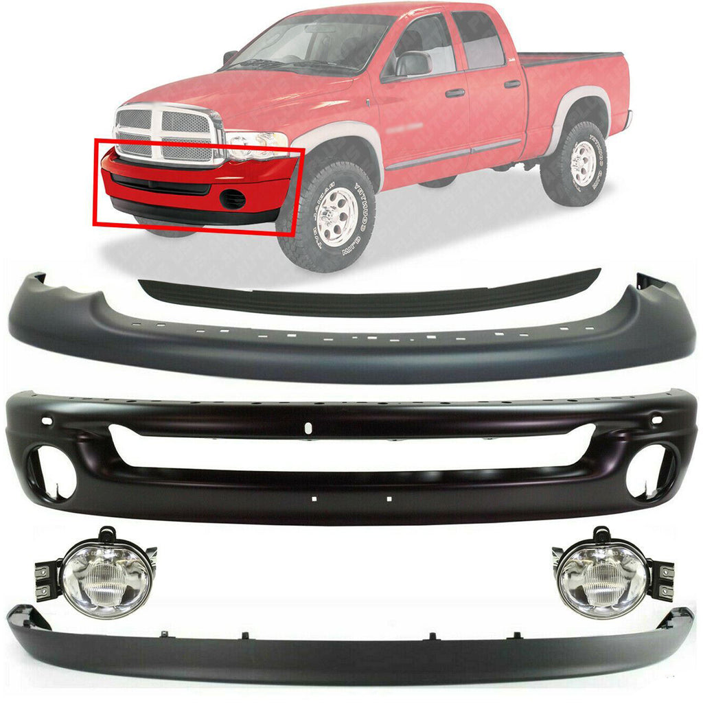 Front Bumper Primed Steel Kit + Fog Light For 2002-2005 Dodge Ram 1500 2500 3500