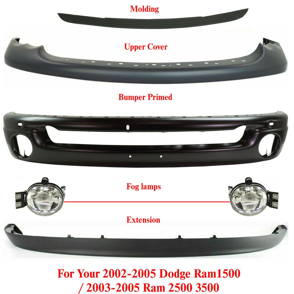 Front Bumper Primed Steel Kit + Fog Light For 2002-2005 Dodge Ram 1500 2500 3500