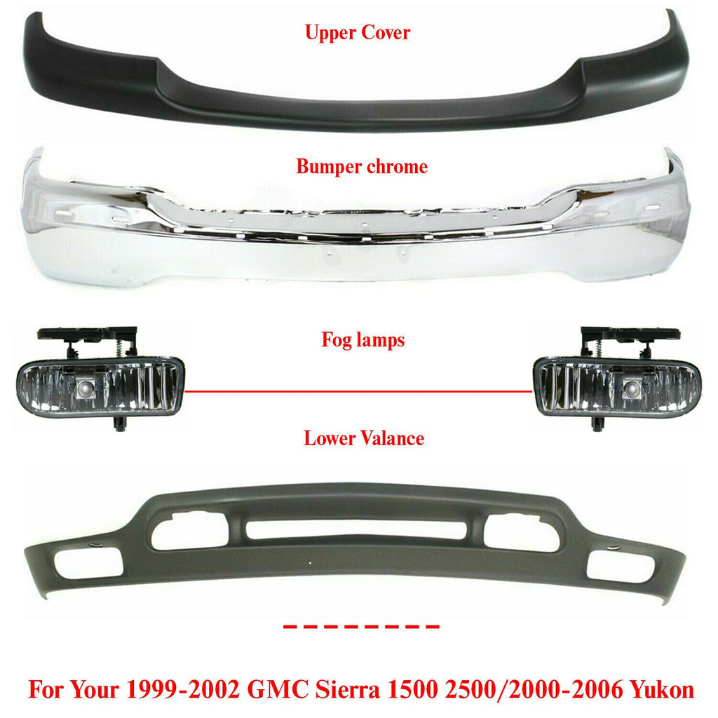 Front Bumper Chrome + Cover + Lower + Lights For 99-02 GMC Sierra / 00-06 Yukon