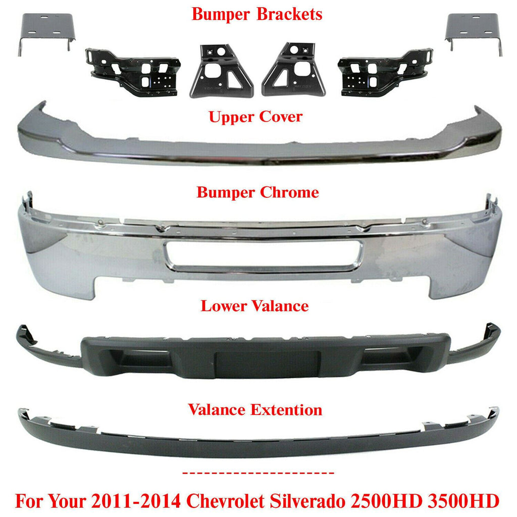 Front Bumper Chrome Kit with Brackets For 2011-2014 Chevy Silverado 2500HD 3500