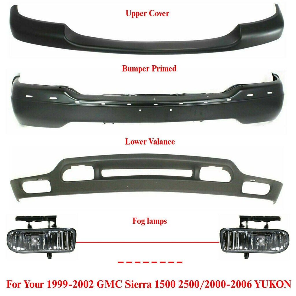 Front Bumper Primed +Upper+Lower+Fog For 99-02 GMC Sierra 1500 2500/00-06 Yukon