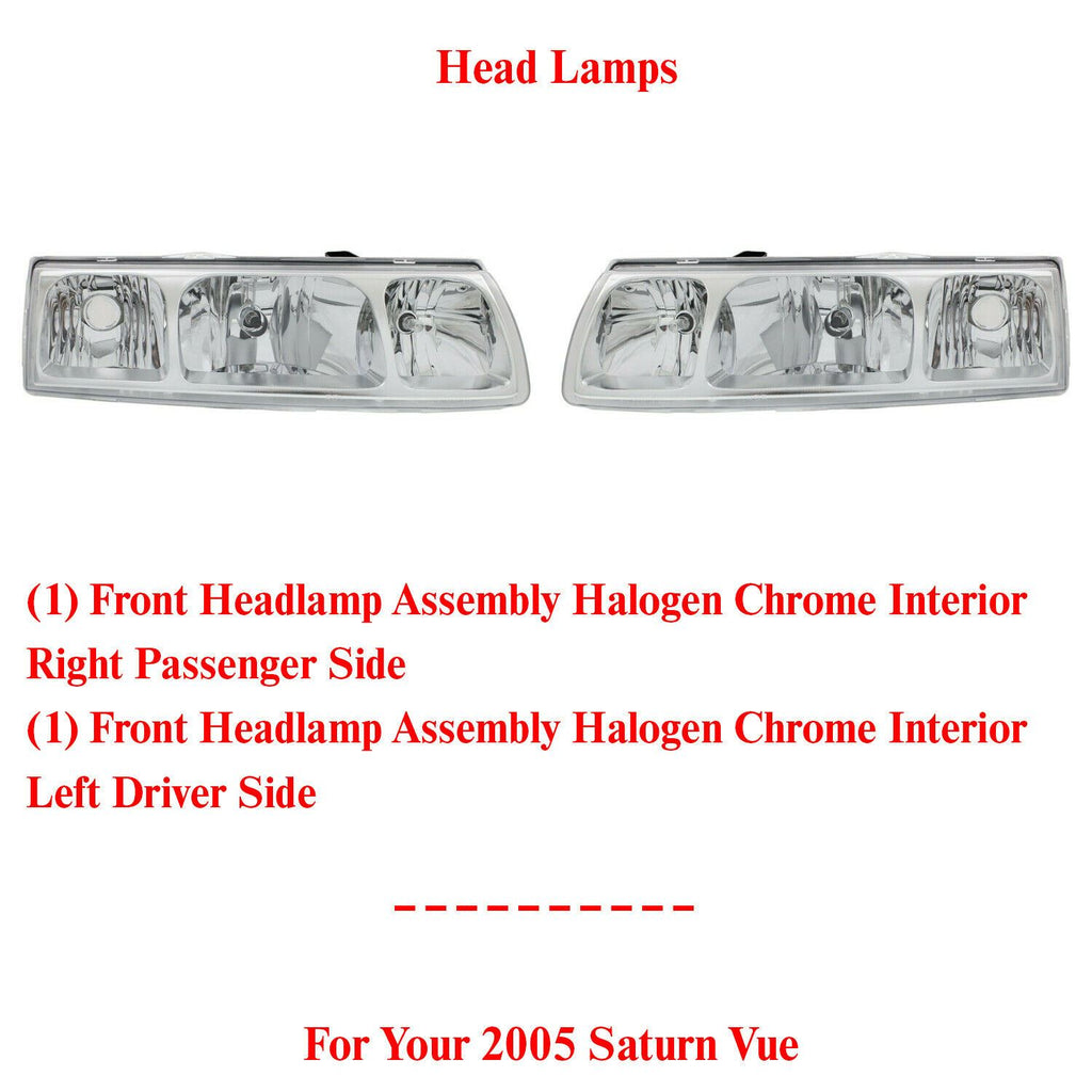 Front Headlamp Assembly Halogen Chrome Interior  Set of 2 For 2005 Saturn Vue