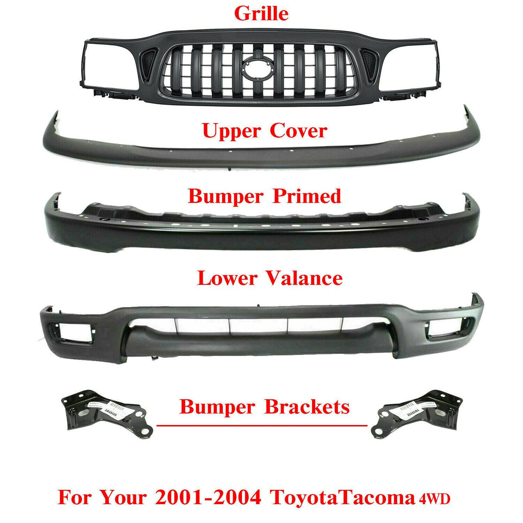 Front Bumper Primed +Grille +Filler+Valance+Brackets For 01-04 Toyota Tacoma 4WD