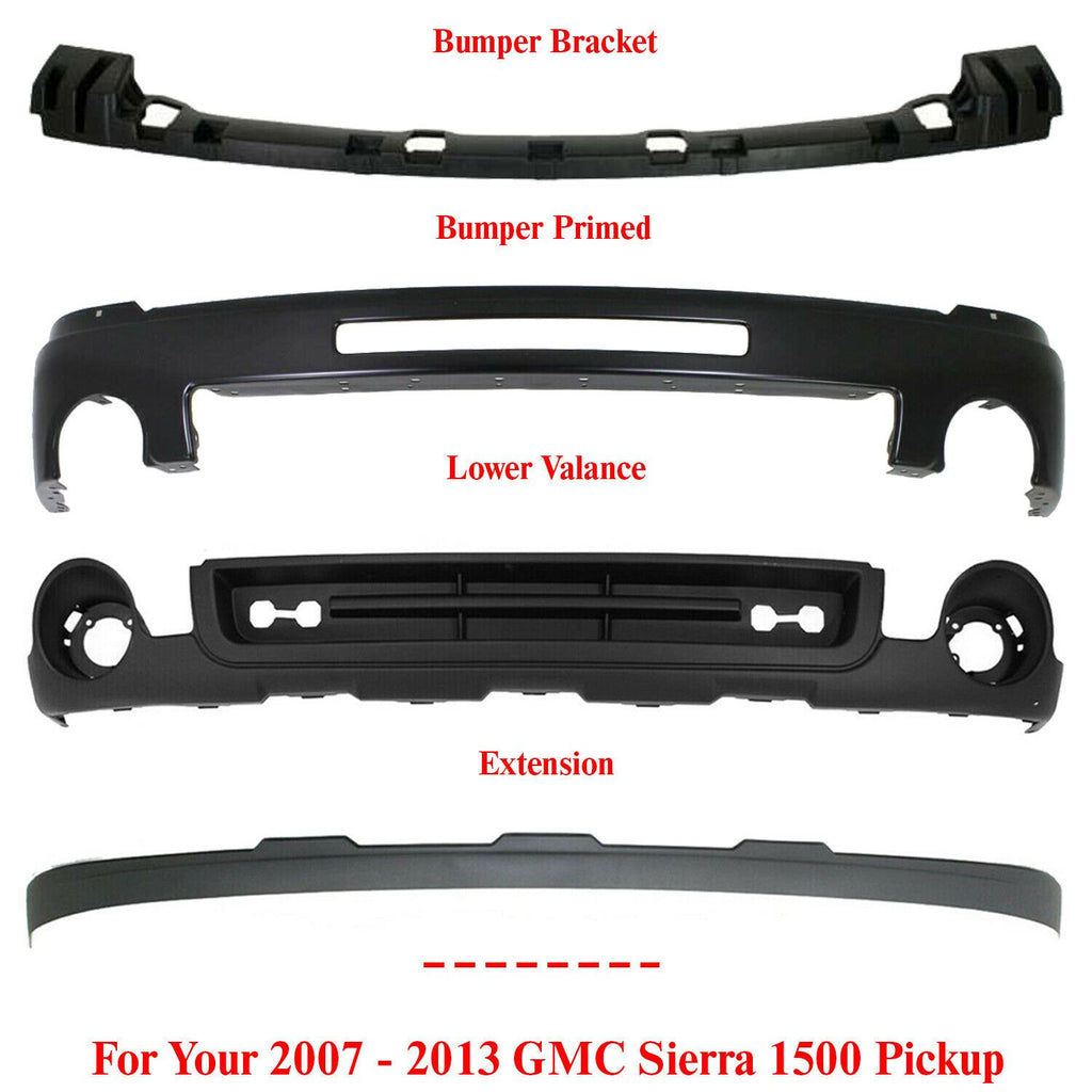 Front Bumper Primed + Bracket + Valance+Extension For 2007-2013 GMC Sierra 1500