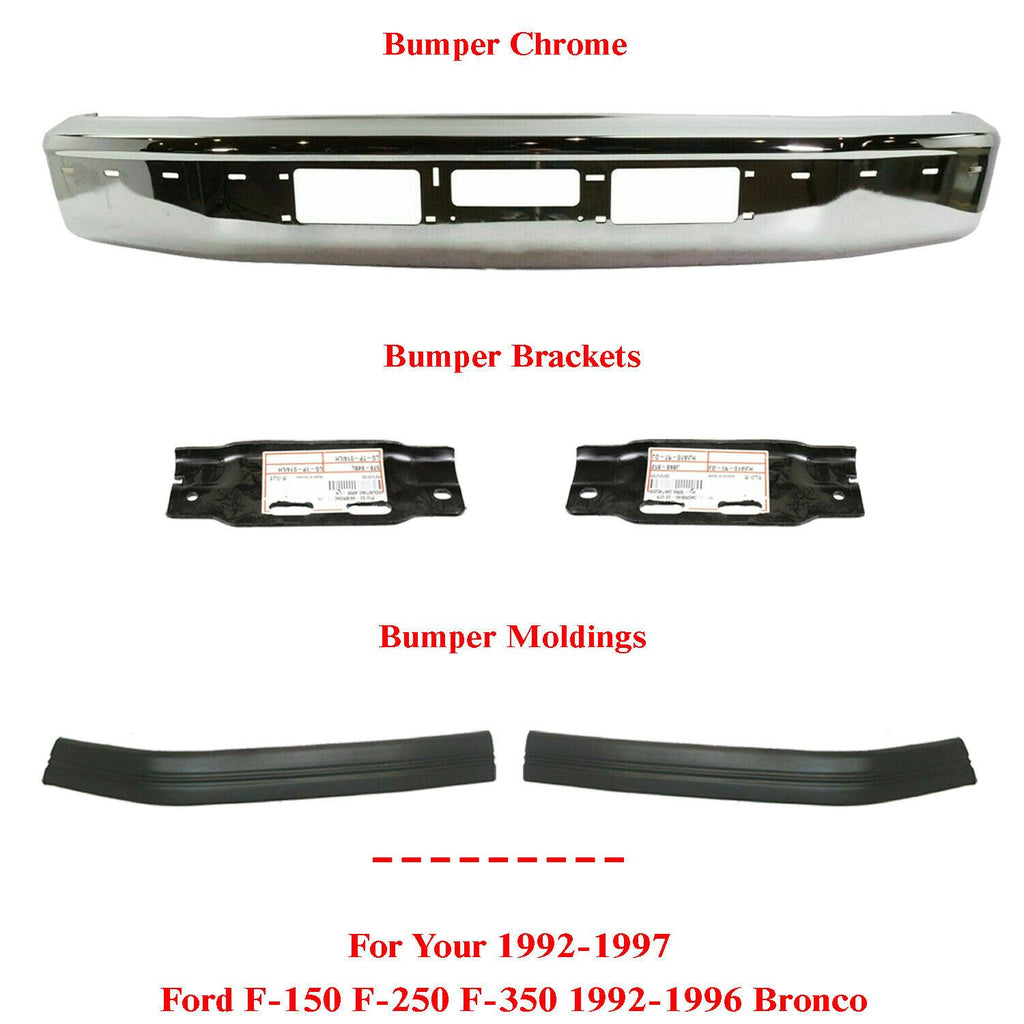 Front Bumper Chrome + Molding + Brackets For 92-96 Ford Bronco/ 92-97 F-150-F-350