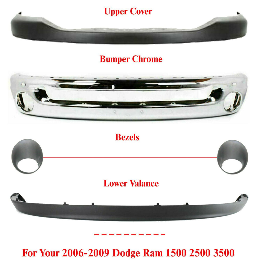 Front Chrome Bumper + Up & Low Cover + Bezels For 06-09 Dodge Ram 1500 2500 3500