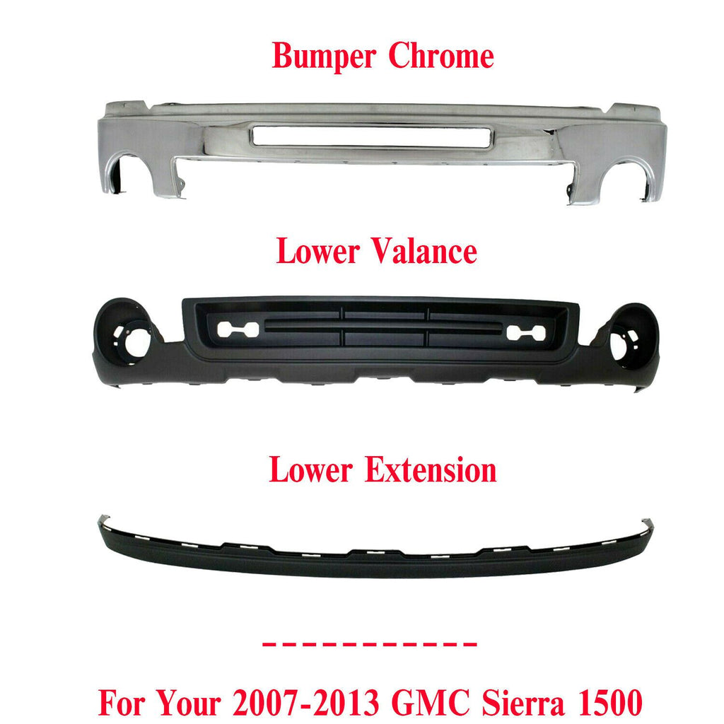 Front Bumper Chrome Steel Face Bar Valance Kit for 2007-2013 GMC Sierra 1500