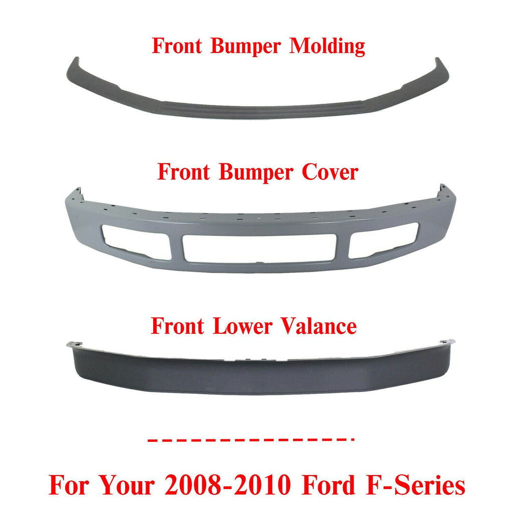 Front Bumper Primed + Lower Valance + Bumper Molding For 08-10 Ford F-Series 4WD